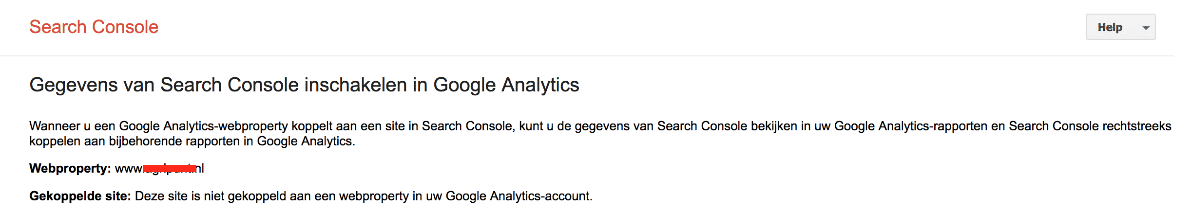 Kies Google Search Console Property voor koppeling met Google Analytics