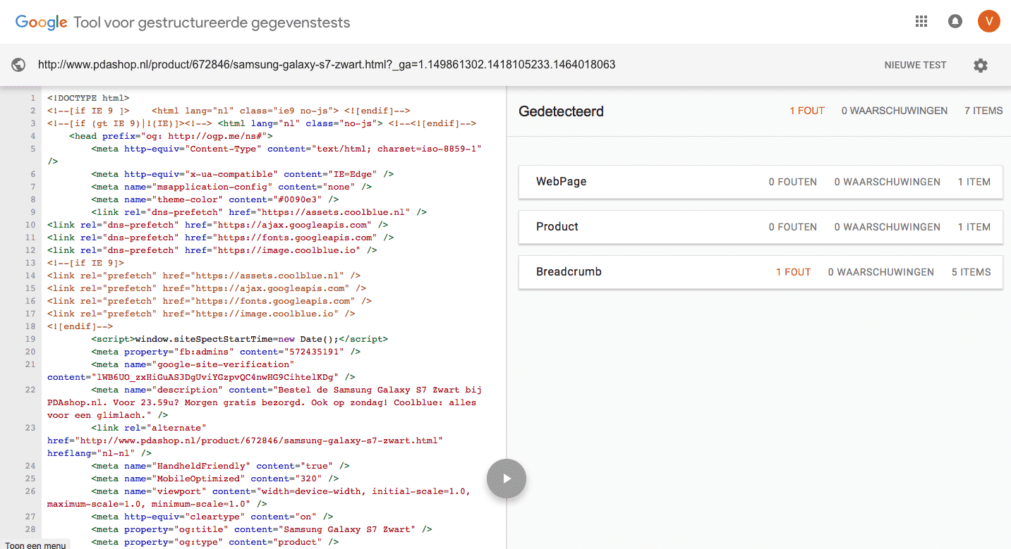 De structured data testing tool van Google