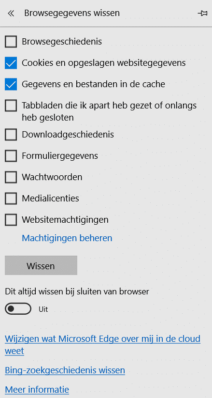 edge cookies cache gegevens wissen