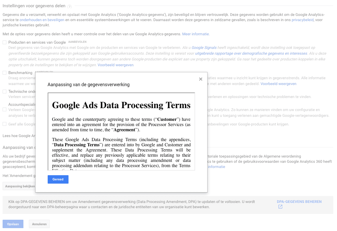 Verwerkersovereenkomst met Google