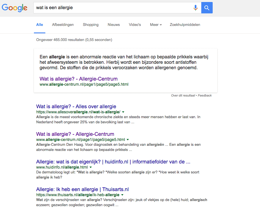 Featured snippet, wat is allergie