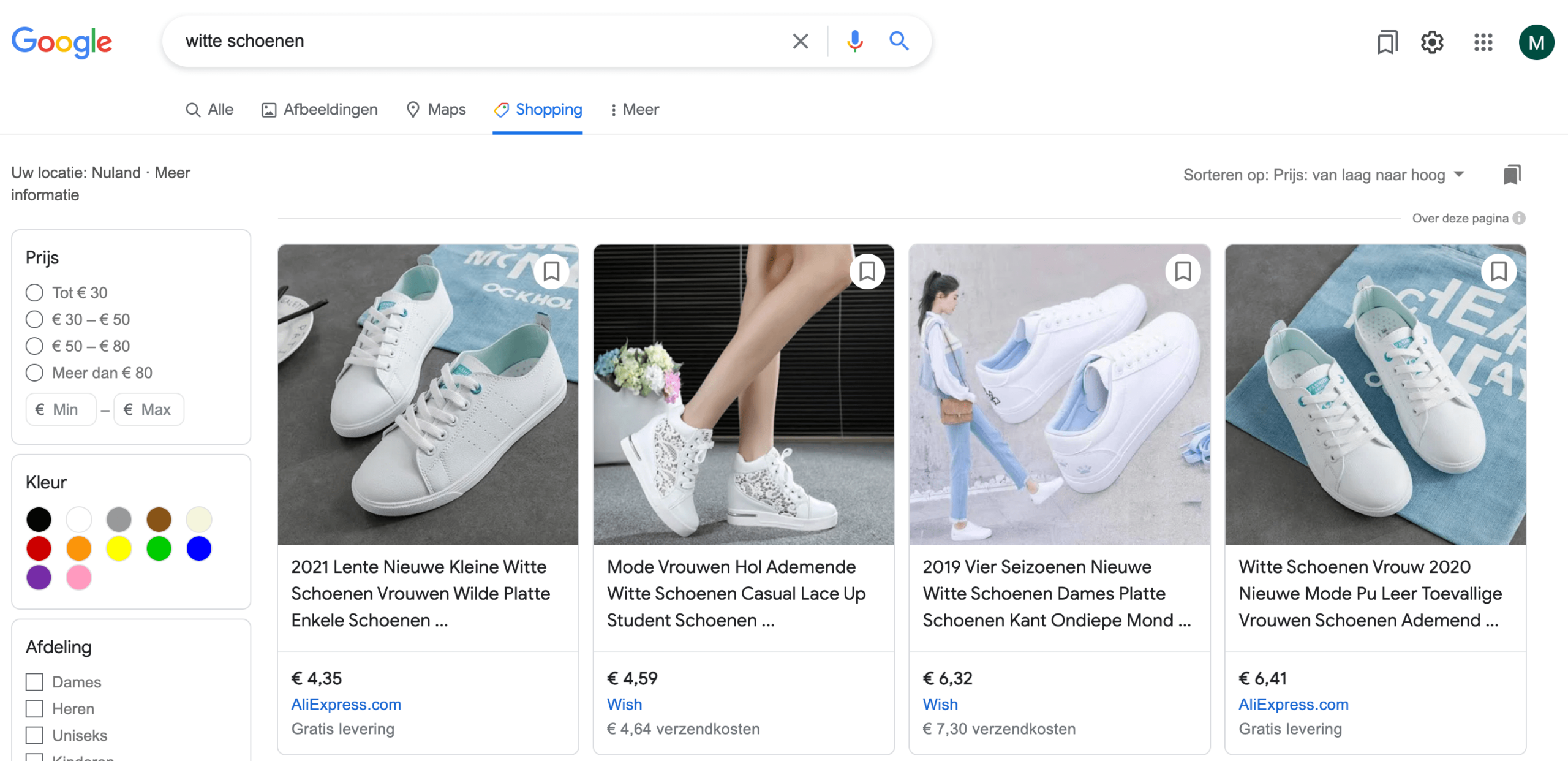 organische google shopping advertenties