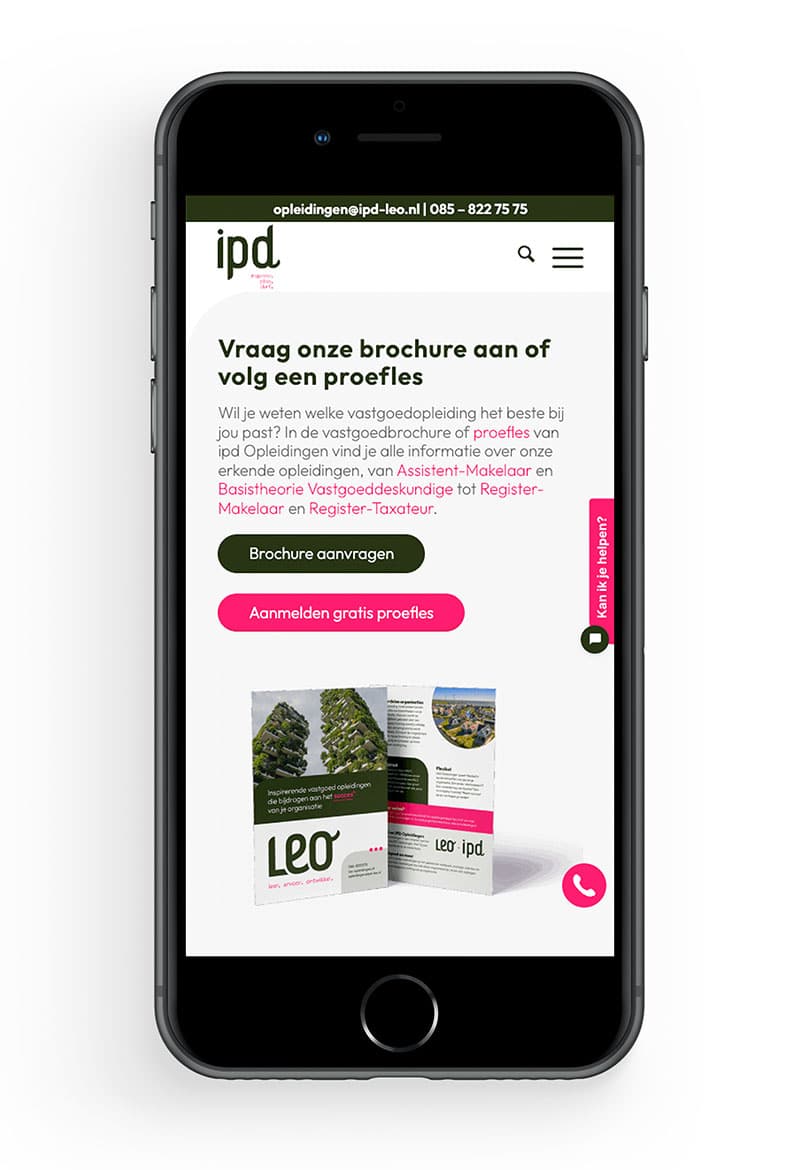opleidingsplatform-op-mobiel-wordpress-kwaaijongens Mobiele weergave IPD Opleidingen website met portaalkoppeling.