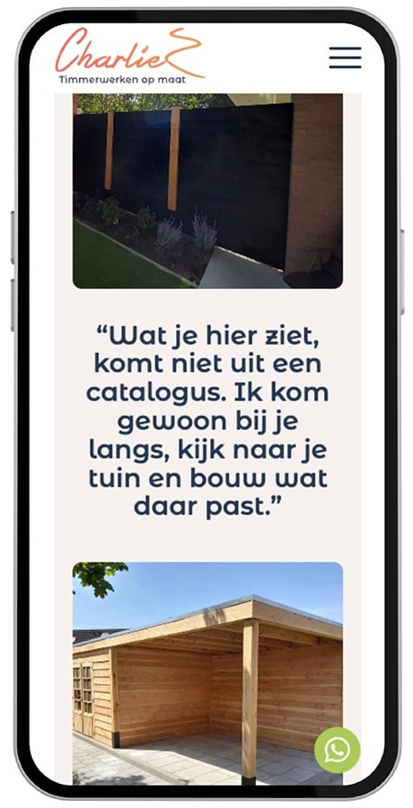 mobiele-website-zzper-bouw-charliez-kwaaijongens Mobiele weergave van de CharlieZ website met projectfoto's en een persoonlijke quote van René.